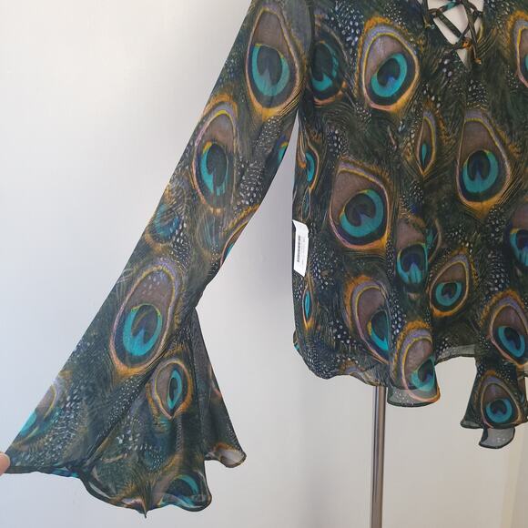 NEW Show Me Your Mumu Zuko Top Peacock Print Lace Up Chiffon Small - Picture 6 of 13